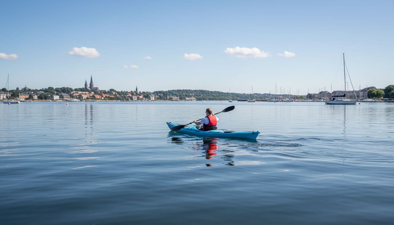 Solo paddler in life vest kayaks calm Roskilde Harbour waters on sunny day with fjord backdrop.