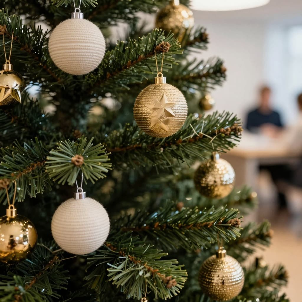 Close-up af diskret julepynt i guld, messing og creme