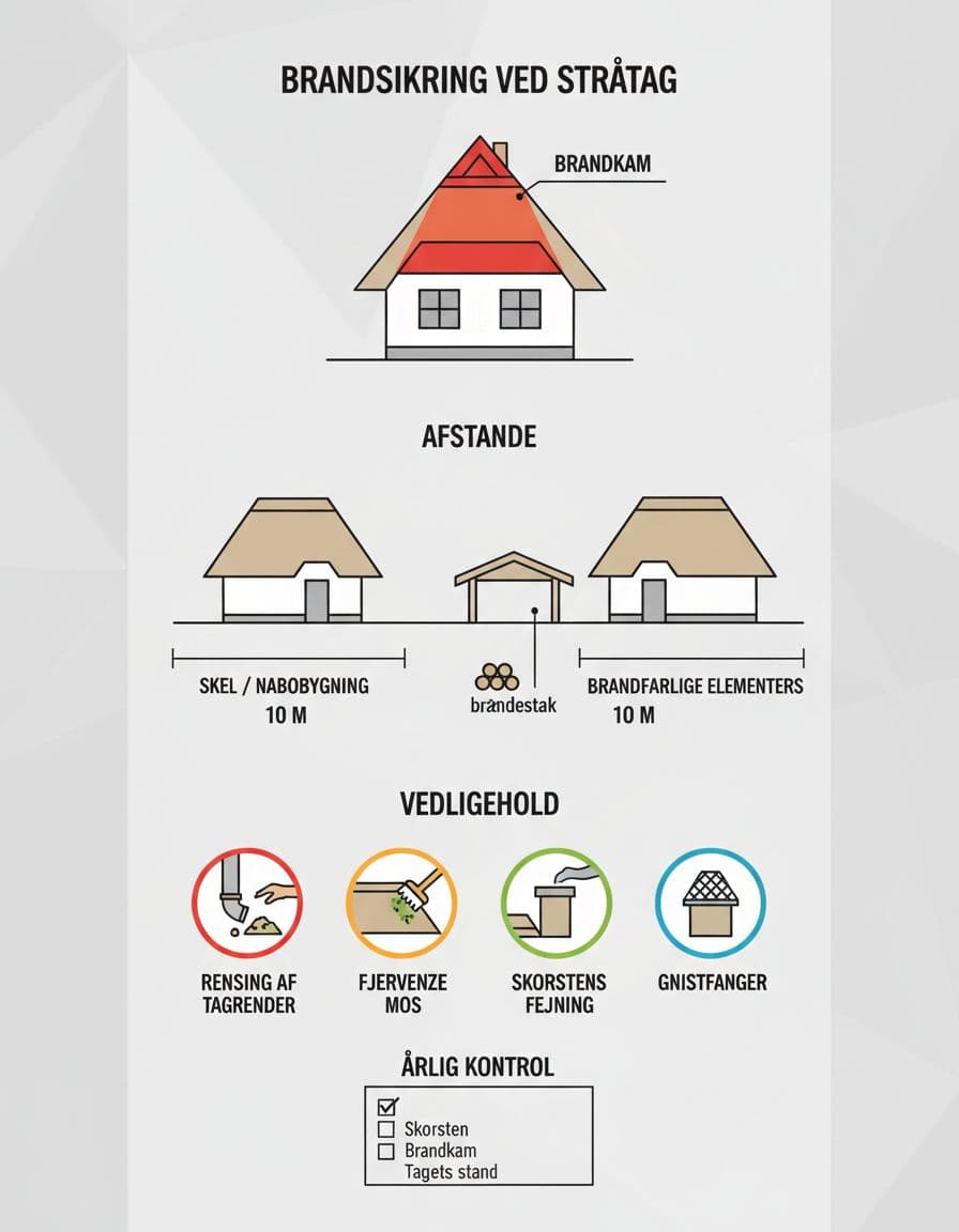 Minimalistisk dansk infografik i A4-portrætformat om brandsikring for stråtag, der viser tværsnit med brandkam, afstande til brandfarlige elementer, vedligeholdelsesikoner som rensning, mosfjernelse, skorstensfejning og gnistfanger samt en årlig kontrol-checkliste.