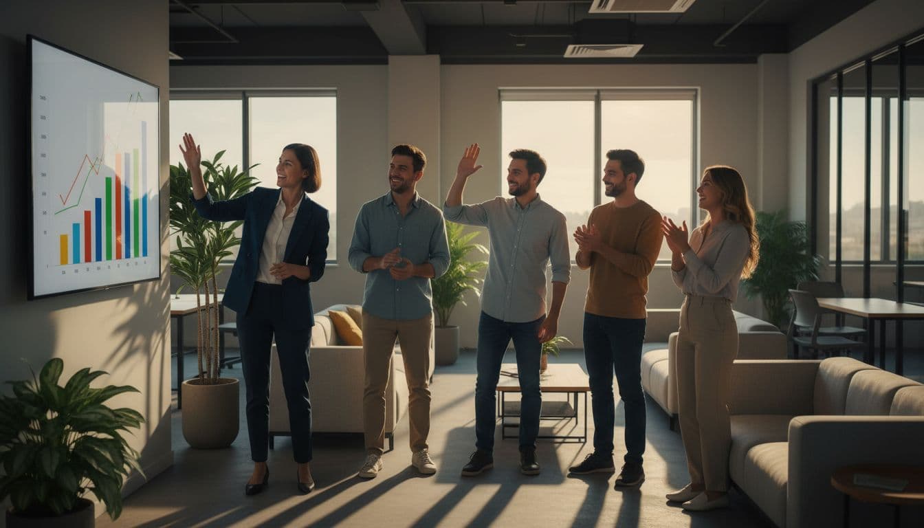 Six smiling employees gather around a large screen in a modern open office, high-fiving as leader shows positive graphs on a sunny afternoon.