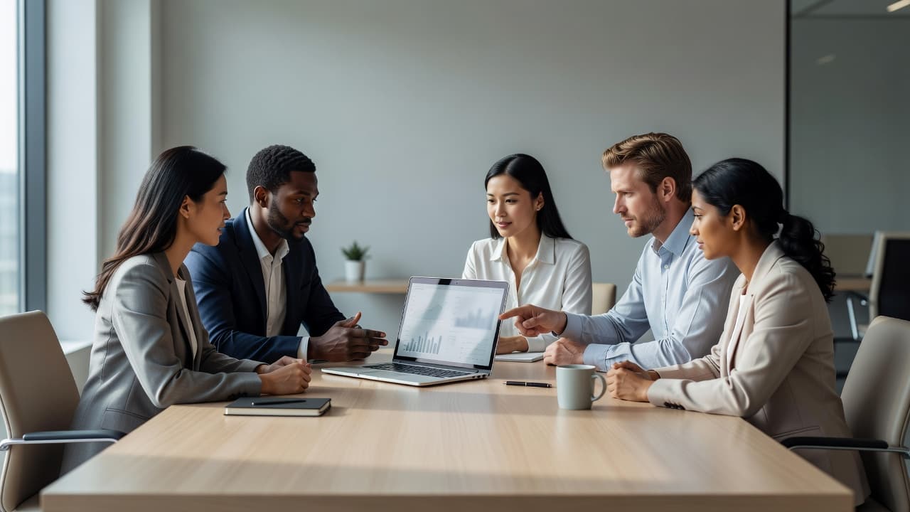 Four colleagues sit around a clean conference table discussing strategy while viewing a laptop screen. Soft sunlight fills the bright office, highlighting their professional interaction and shared focus on security workflows.