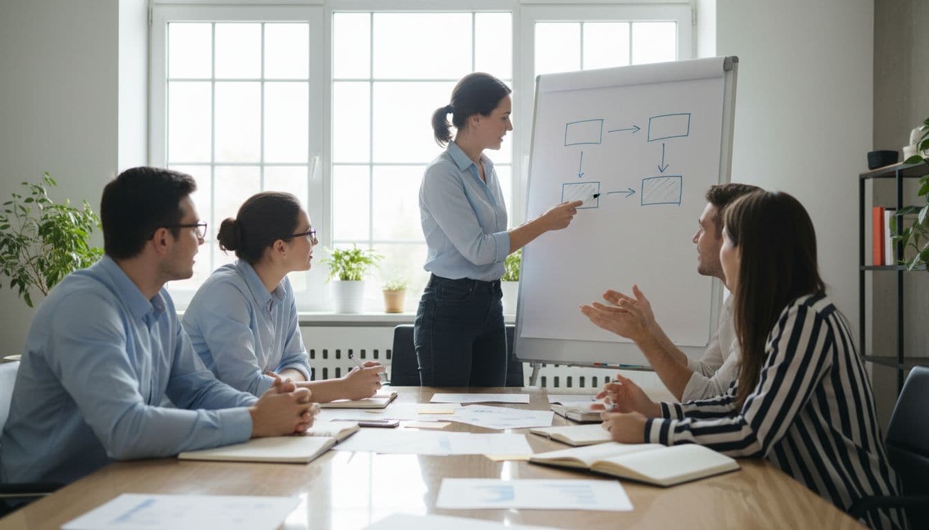 Four employees around meeting table review papers and sketch in bright office.
