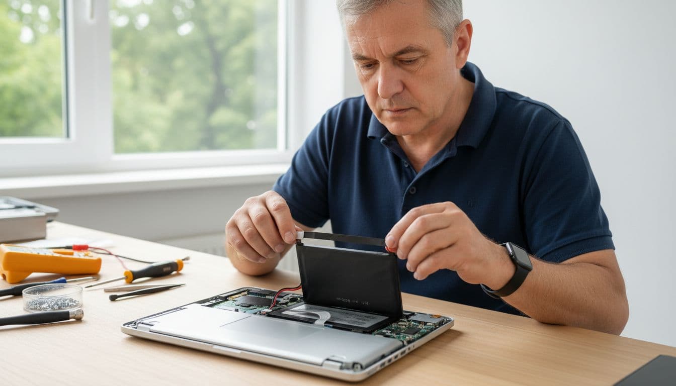 An experienced technician sits at a clean workshop replacing the battery in an open laptop computer, showing internal components like battery and cables. Realistic photograph illuminated by natural daylight from a window, featuring only one person with two hands visible.