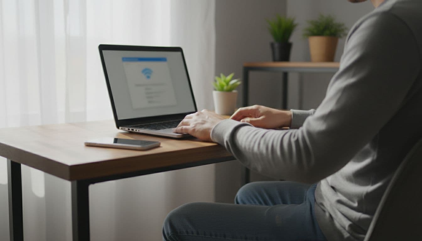 A person sits at a home desk checking WiFi connection on a laptop with a slightly blurred network menu on screen, phone lying nearby, natural light, realistic photo style.