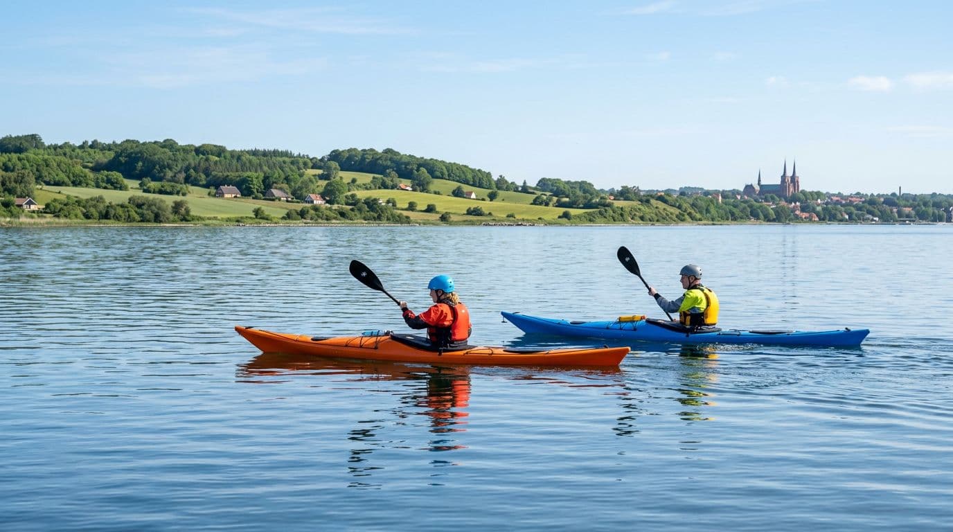Two stable sea kayaks paddling calmly on Roskilde Fjord waters near the Danish coast during a sunny morning with light wind. Paddlers wear colorful life jackets and helmets, with a distant shore featuring green hills in a realistic landscape photo.