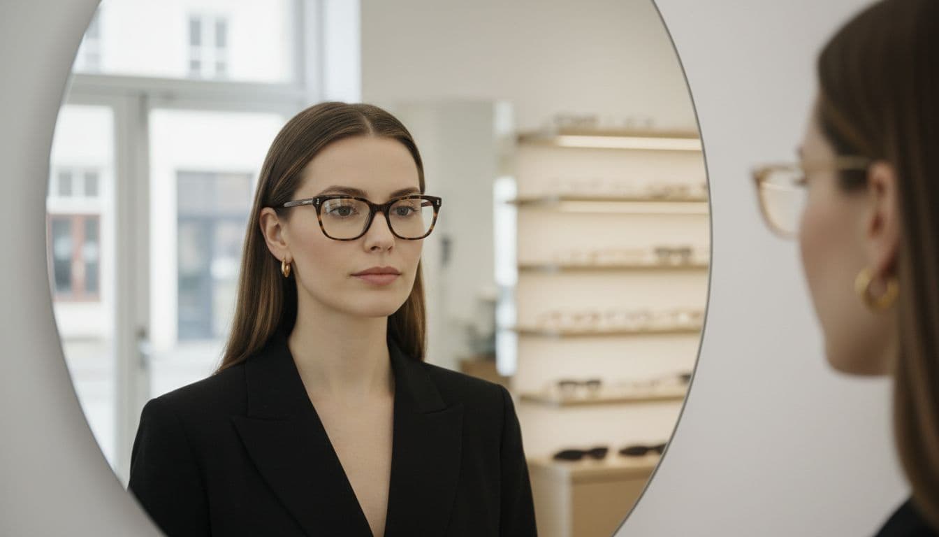 Kvinde med h&oslash;je kindben pr&oslash;ver forskellige brillestel i optikerbutik