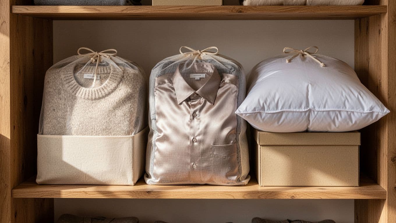 Uld, silke og dun i åndbare poser på en hylde