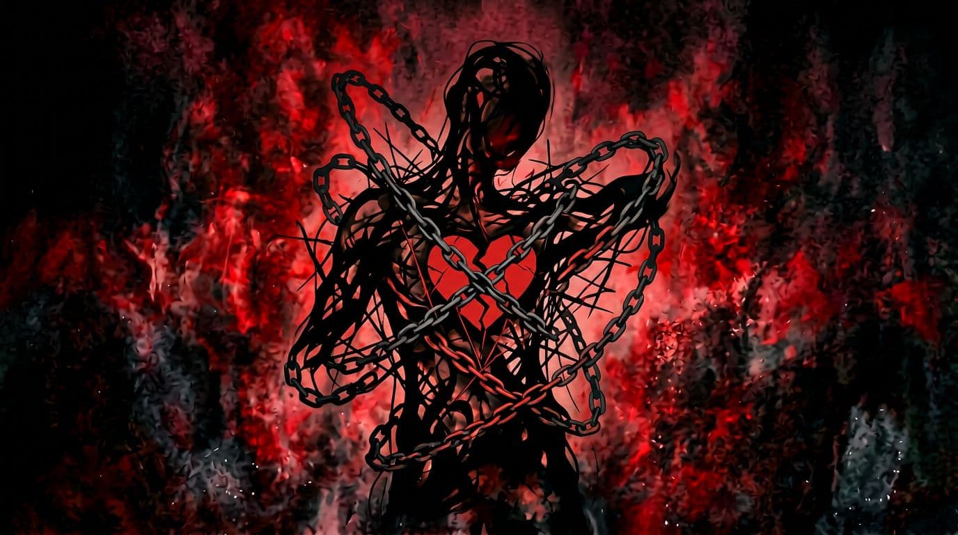 Abstract silhouette of a confused human figure with symbolic heart and body elements intertwined in chains, in dark tones and soft reds, minimalist artistic style, central landscape composition without faces, text, or real people.