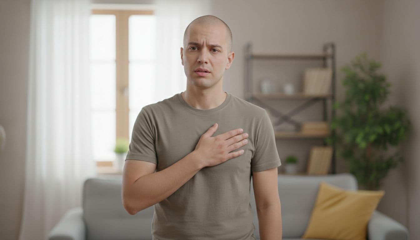 Crise de ansiedade: sintomas, o que fazer e quando buscar ajuda 1 An adult stands in a calm residential room with hand on chest feeling tightness, light sweat on forehead, and a discomforted expression indicating a racing heart, captured in photorealistic style with soft natural lighting.