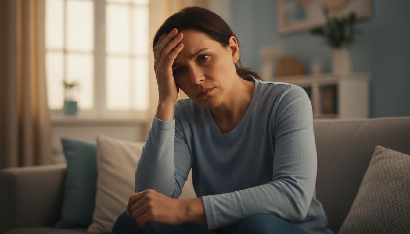 Crise de ansiedade: sintomas, o que fazer e quando buscar ajuda 2 Photorealistic close-up of an adult sitting on a cozy sofa in a tranquil room, hand on forehead, distant worried gaze expressing intense fear and concern over losing control.