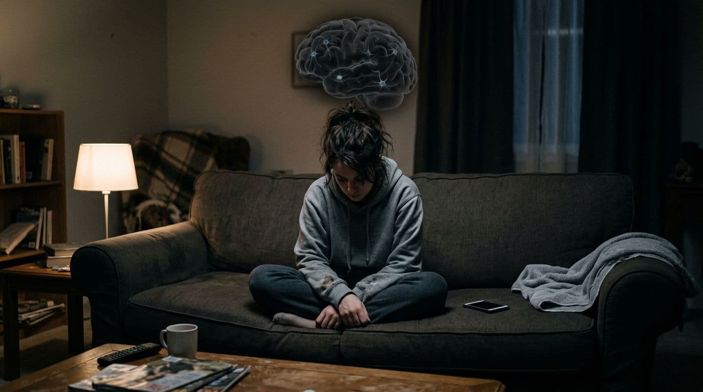 Realistic image of a human brain with reduced neuron activity and dim lights symbolizing depression's energy conservation, featuring a lonely person sitting alone on a sofa ignoring simple tasks like a phone and towel in a simple home setting.