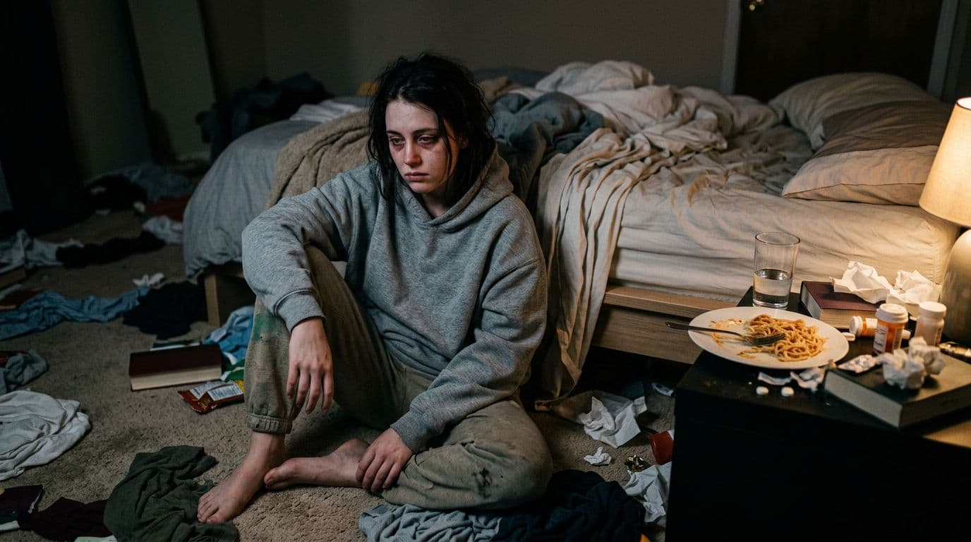 A photorealistic close-up of a tired person with irritated eyes and slumped posture in a cluttered bedroom at night, ignoring an unmade bed and uneaten simple meal on the table, symbolizing neglect of sleep and food due to depression under dim, gloomy lighting.