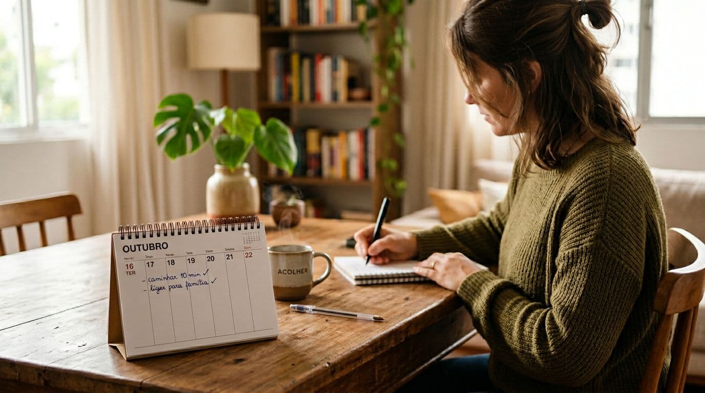 A simple desk calendar in a cozy home environment marked with small tasks like 'walk 10 min' and 'call family', with a person in the background annotating using a pen, symbolizing behavioral activation in photorealistic style with natural light.