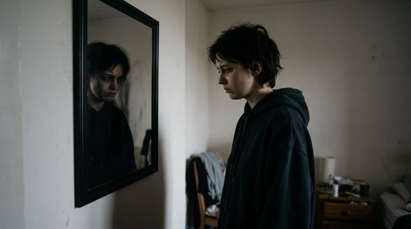 A solitary person stands before a mirror in a dim, simple room, confronting a twisted, shadowy version of themselves with negative expressions and enveloping darkness, symbolizing low self-esteem and depression in a realistic close-up style.