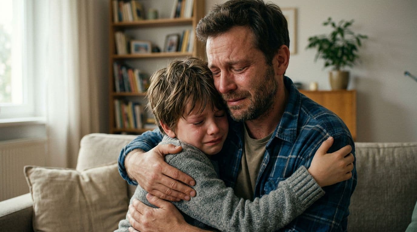 An adult man and young boy embrace emotionally in a simple living room, capturing a heartfelt moment of reconciliation with expressions of relief and forgiveness under soft natural window light.