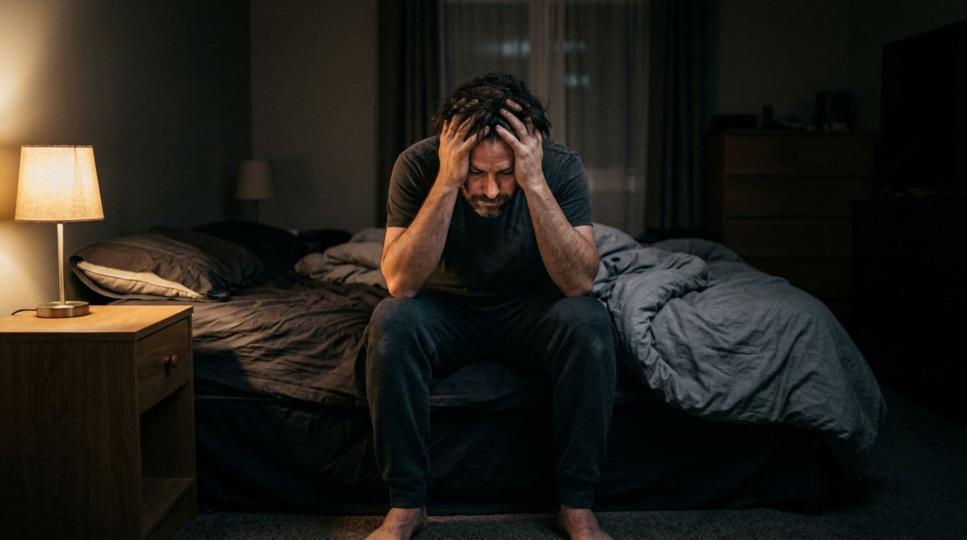 An adult person sits hunched on a bed in a dark room at night, holding their head in subtle despair from an emotional relapse, illuminated by dramatic low light from a bedside lamp in photorealistic style.