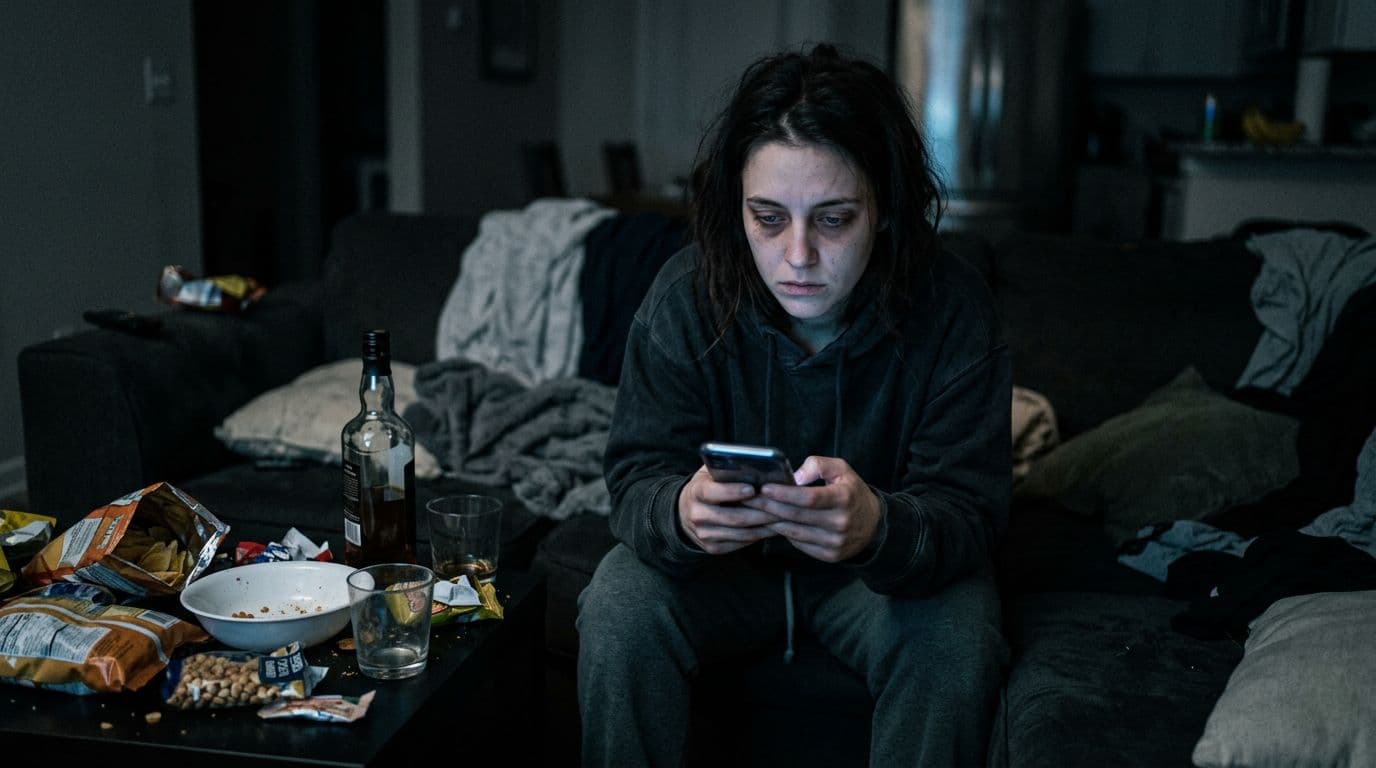 A solitary person sits alone on a dark, cluttered sofa, endlessly scrolling their cellphone with a tired, empty expression, surrounded by scattered snacks and a bottle of alcohol, lit only by the faint screen glow.