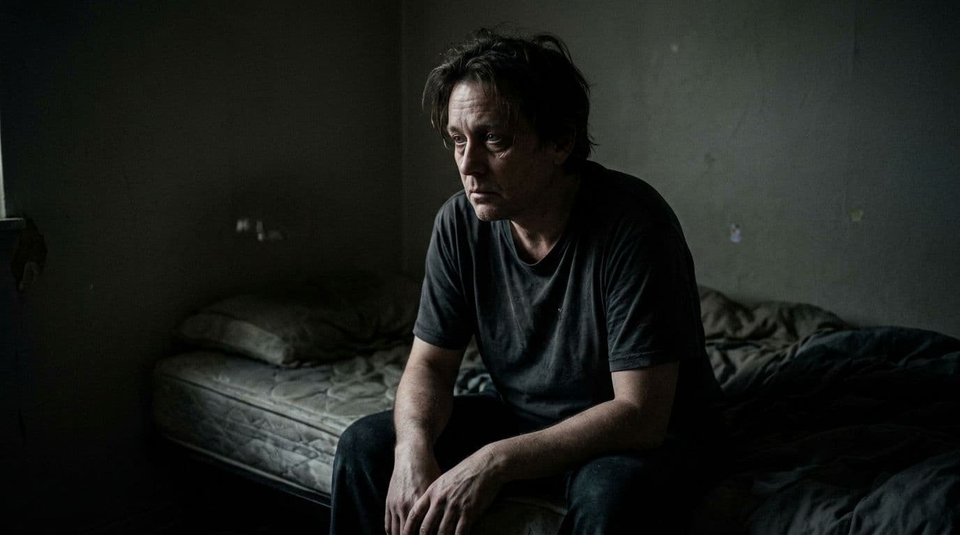 A person sits on a bed in a simple dark room, face showing empty despair and staring blankly into the void with no hope, under low gloomy lighting in photorealistic close-up on slumped posture.