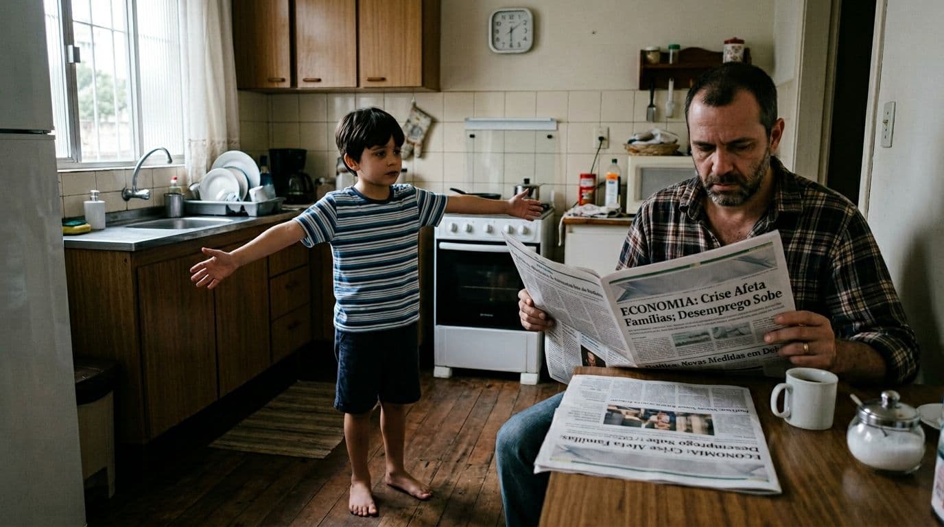 A solitary 8-year-old boy in a modest home kitchen reaches out for a hug from his father, who ignores him while reading a newspaper at the table, under soft melancholic lighting in realistic photographic style.
