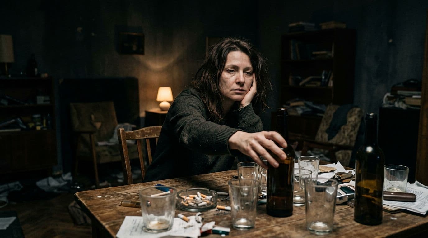 A solitary person with a vacant expression extends a relaxed hand toward an unlabeled bottle of alcohol on a cluttered table strewn with glasses, set in a dimly lit, somber room. The realistic scene evokes isolation and quiet desperation.