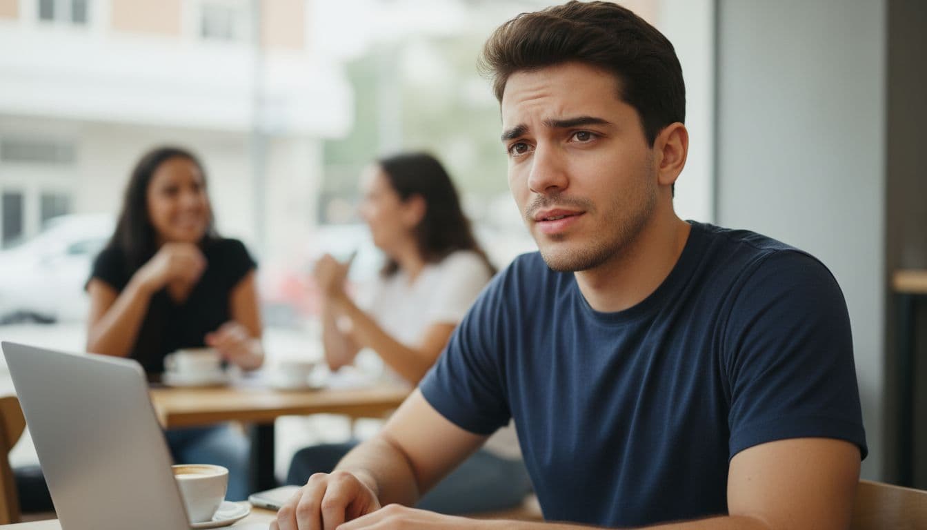 Diagnóstico de autismo leve: sinais, avaliação e próximos passos 1 Jovem adulto em cafeteria brasileira movimentada exibe expressão sutil de desconforto e confusão ao tentar manter conversa em grupo pequeno, destacando dificuldade em captar indiretas sociais.