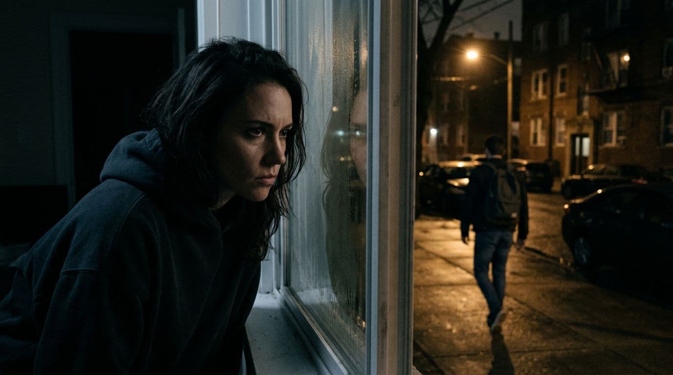 A tense, realistic scene of a woman obsessively watching an unaware man from behind a shadowed window at night, with dramatic low-key lighting on a dimly lit street.