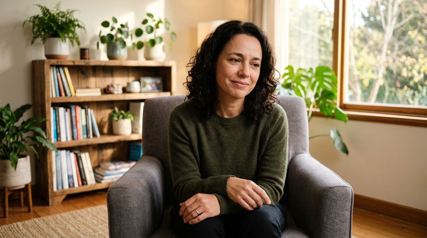 An adult person alone in a simple, welcoming therapy office, seated comfortably with a thoughtful and relieved expression after sharing something painful. Soft natural light from the window illuminates the central composition, with only books and plants in the background, photorealistic style.