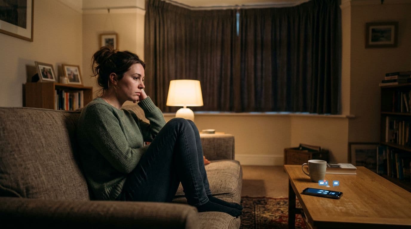 A solitary person sits alone in a simple, cozy living room, gazing sadly into the distance with a phone displaying unread notifications on the table. Soft, dim lighting and a closed-curtain window in the background emphasize the profound sense of solitude.