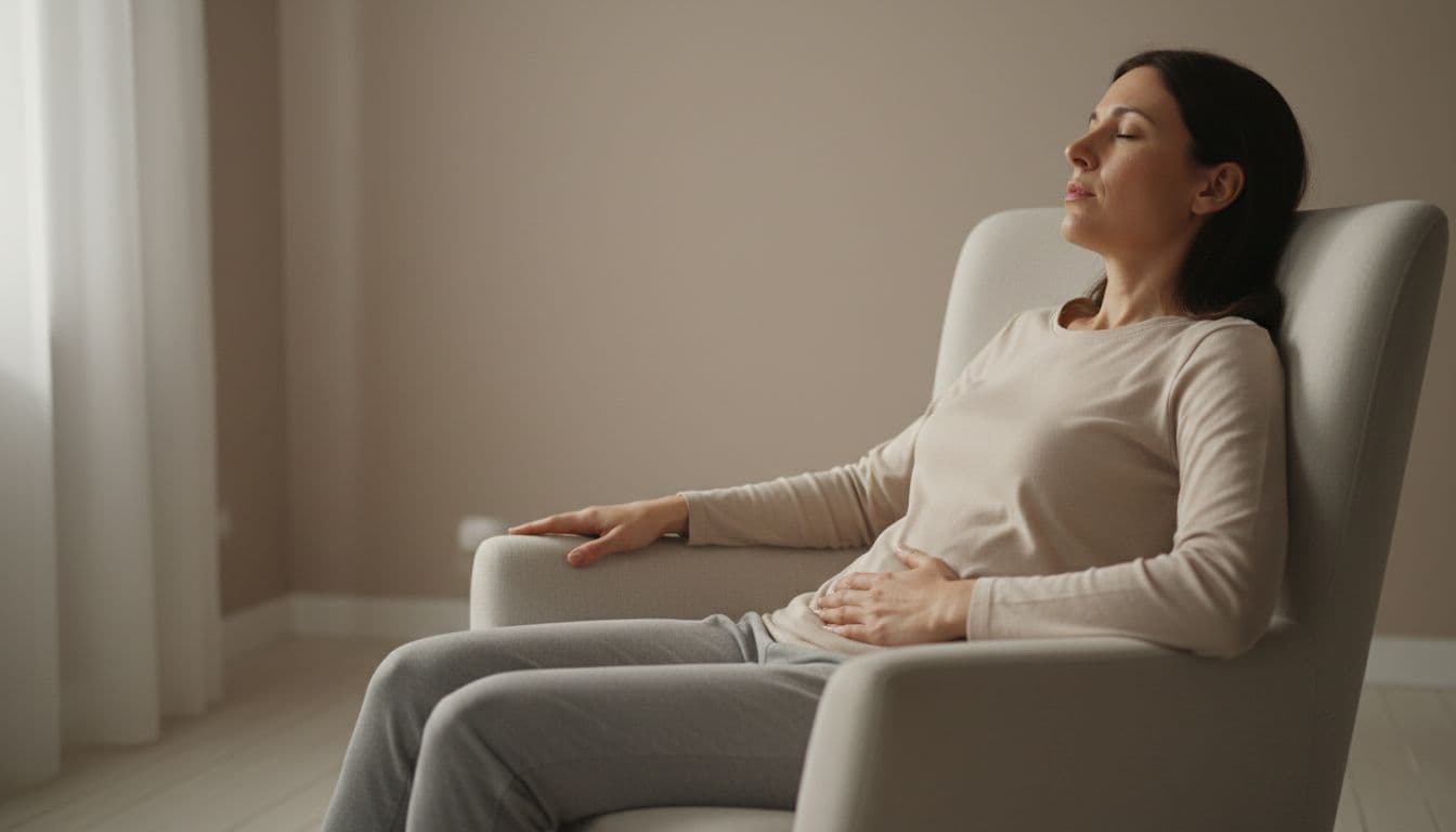Crise de ansiedade: sintomas, o que fazer e quando buscar ajuda 3 An adult person sits comfortably in a minimalist calm environment, eyes closed, hand on abdomen, relaxed posture practicing slow deep breathing with a gradual expression of relief, photorealistic side view focusing on abdominal breathing.