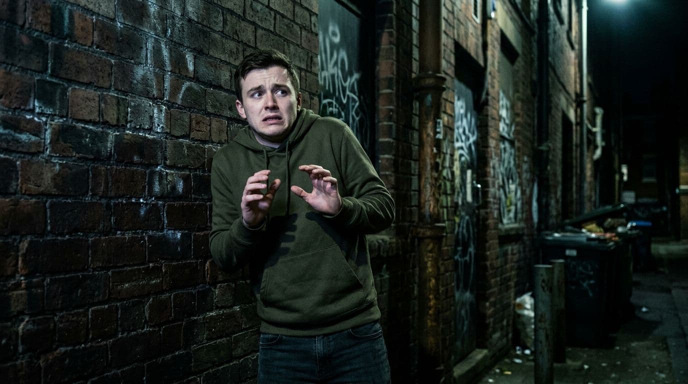A young man frozen in fear against a brick wall in a dark urban alley at night, trembling with hands raised defensively and face showing shock and nausea, lit by harsh moonlight shadows in realistic photographic style.