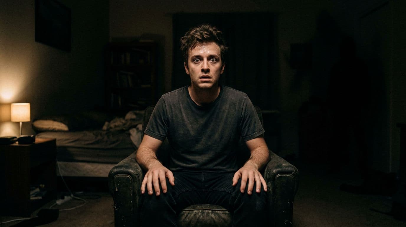 A young adult man sits alone in a dark room with a frozen posture of fear, wide eyes staring forward, subtle shadows suggesting a threat, under soft dramatic lighting in realistic style.