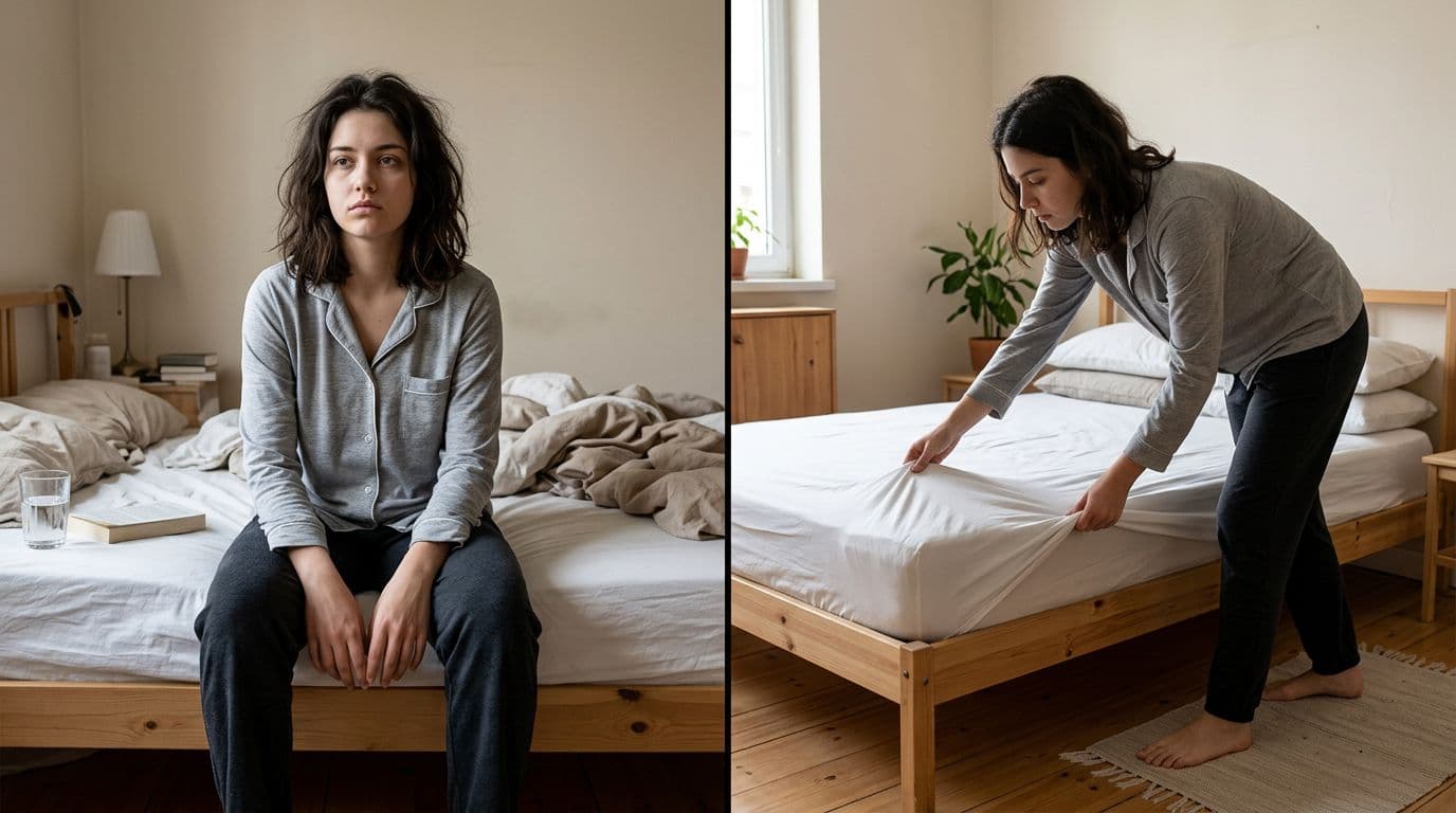 Split image contrasting a person sitting unmotivated on bed with empty expression on one side and the same person starting a small action like making bed on the other, in simple bedroom with soft morning light.
