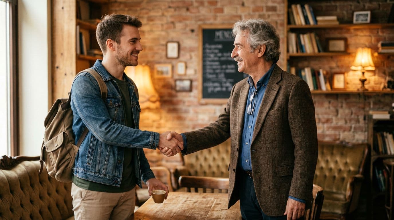 A 20-year-old young man shakes hands with an older man in a cozy theater or cafe, both smiling with initial confidence during a friendly conversation about an artistic career, under warm natural lighting in photorealistic style.