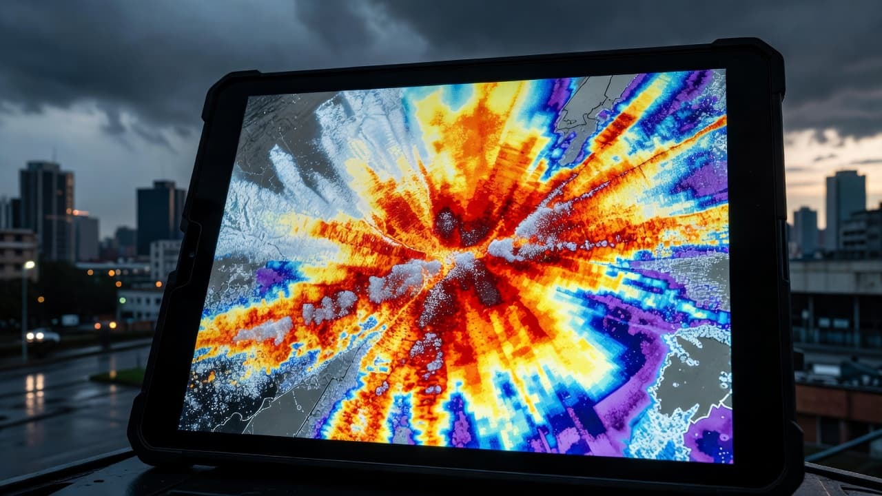 A glowing tablet screen displays a vibrant heat map indicating localized hail severity. The device sits in the foreground with a soft-focus urban cityscape providing a moody, cinematic atmospheric background.