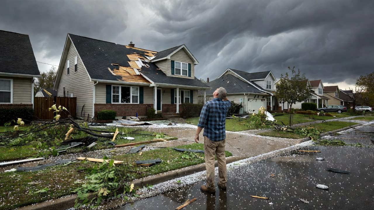 A homeowner stands in a debris-strewn yard looking up at their damaged roof under a heavy, overcast sky. Broken tree branches and scattered shingles litter the lawn after the severe storm.