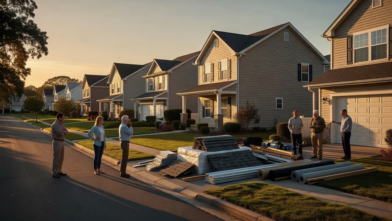 A row of uniform houses features one home undergoing major roof repairs with construction materials stacked on the lawn. Neighbors gather nearby on the grass appearing visibly worried and uneasy.