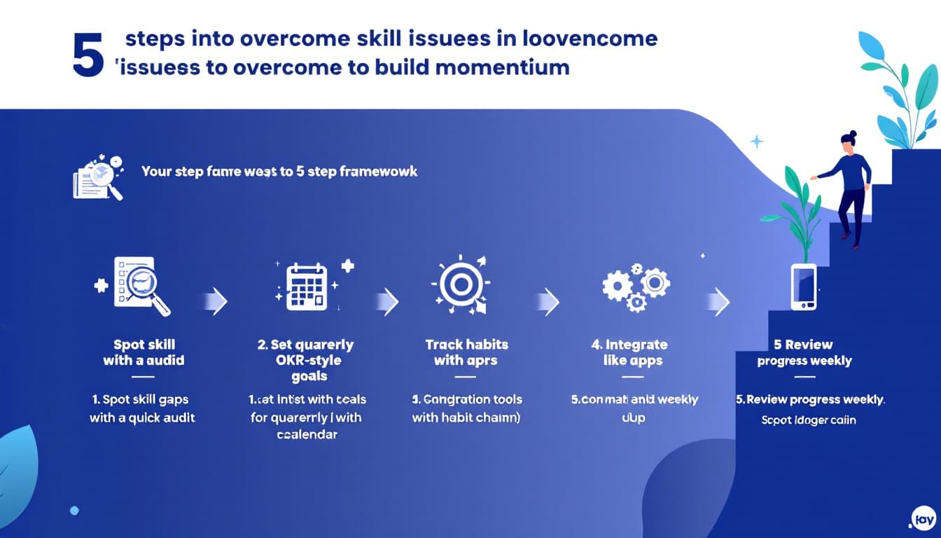 Infographic showing a 5-step framework flow from audit to weekly review, with icons for each step and a calm, modern color palette