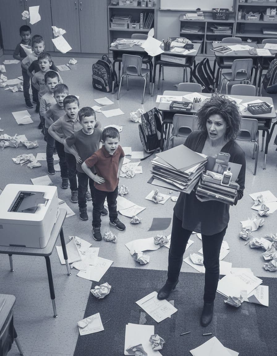 Chaotic classroom with scattered worksheets, a printer line, and stressed teacher managing supplies