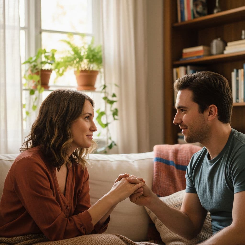 A couple sitting close on a couch, reaching for each other's hands, soft natural light, plants in the background, warm and hopeful mood. Image created with AI