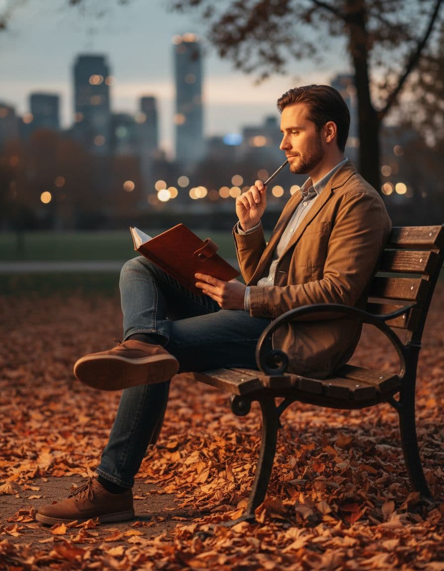 Introspective person reflecting in a park at dusk, notebook in hand, calm golden light. Image created with AI