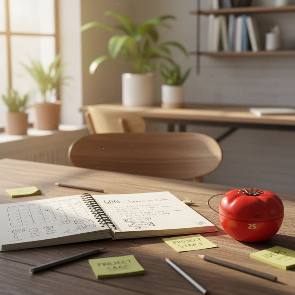 A warm morning desk with a 30-day plan notebook and a classic tomato timer set to 25 minutes, sticky notes and pencils nearby. Image created with AI