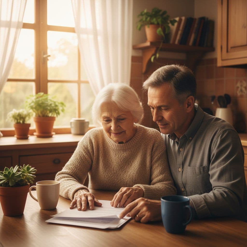 Senior parent and adult child reviewing paperwork at a cozy kitchen table