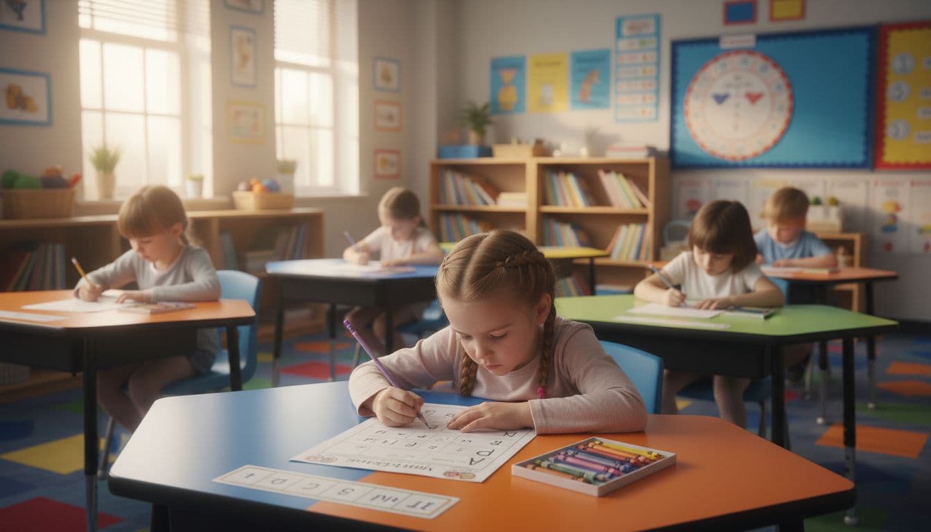 Serene K-2 classroom with students quietly completing simple morning work at their desks, warm light, calm focus