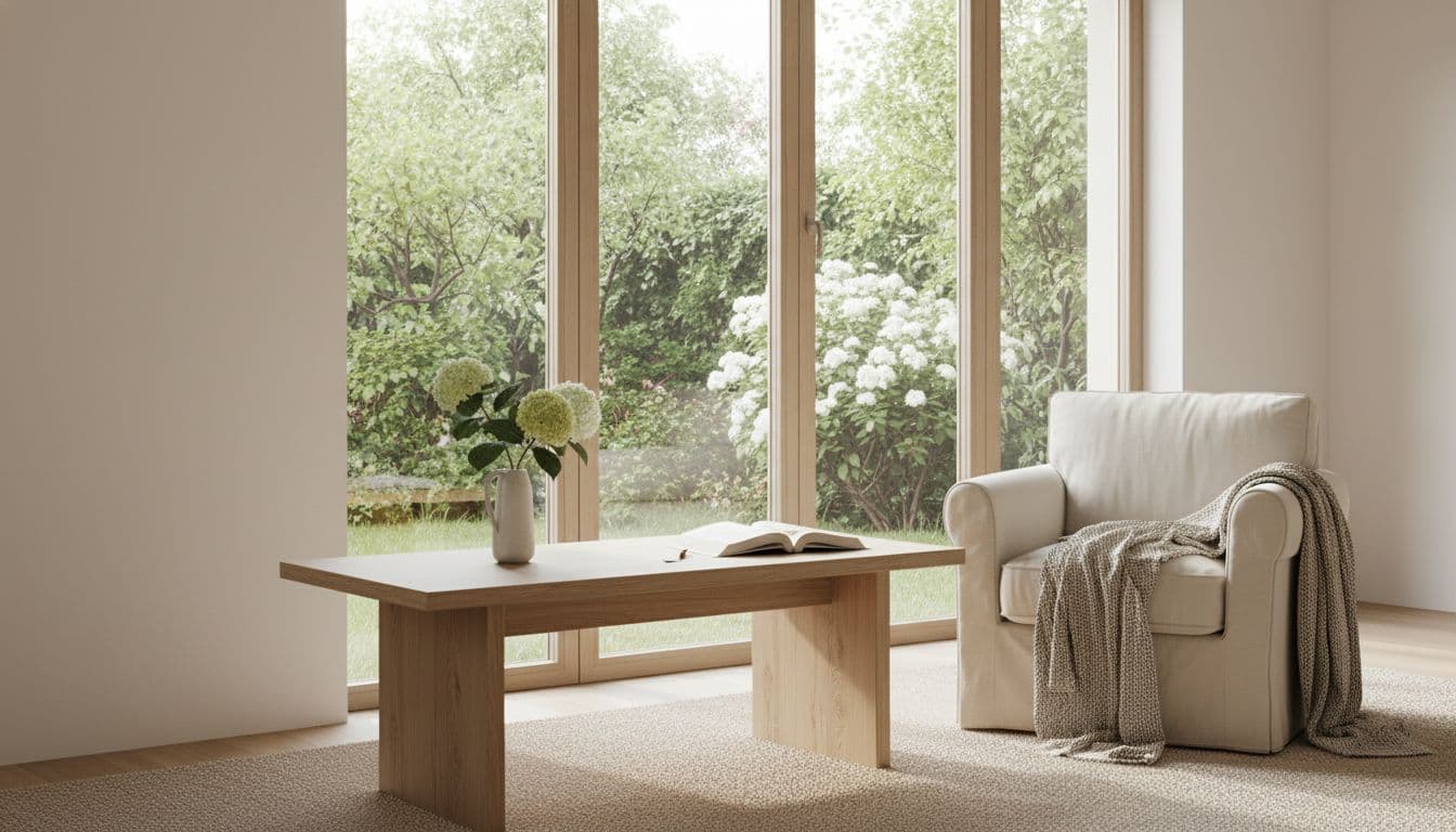 Minimalist living room with natural light, a wooden table with a vase, an armchair by a window, and a garden view