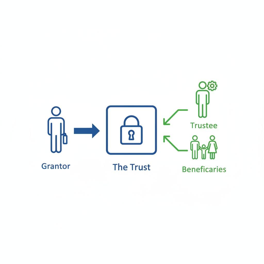 Illustrative diagram of a trust structure with grantor, trustee, and beneficiaries