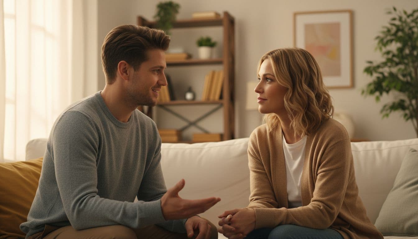 A calm couple on a couch having an open conversation, listening and speaking with care in a warmly lit living room