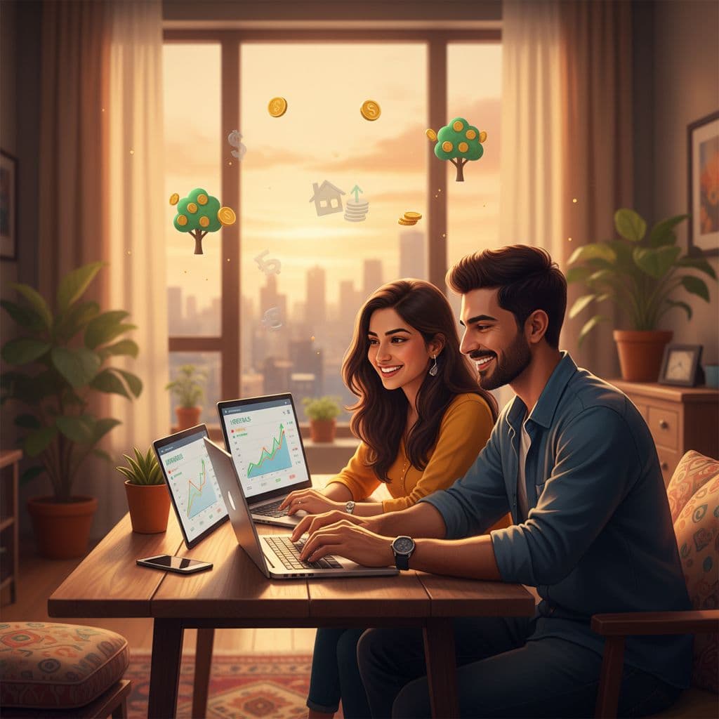 Young Indian couple reviewing income streams on laptops in a cozy Mumbai apartment, warm evening light, visuals of dividends and rentals on screens. Image created with AI.