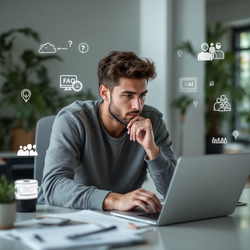 Young professional reviewing a 2026 skill development FAQ at a laptop in a bright home office with subtle icons of AI, charts, and teamwork