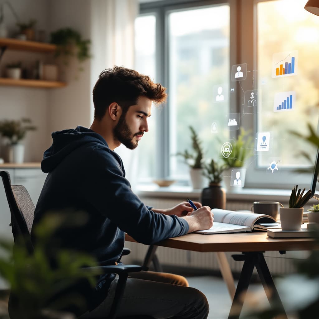 Young professional reviewing key takeaways for skill development in a bright home office with subtle AI and teamwork icons