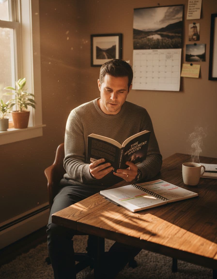 Young professional reading and planning in a calm home office